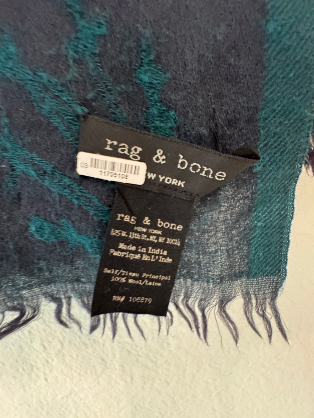 rag & bone Teal and Navy Woven Fringe Scarf 100% wool never worn